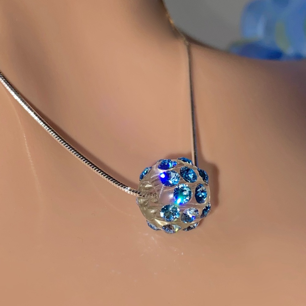 Blue Acrylic Crystal Pendant Embellished With Genuine Crystals, Sterling Chain